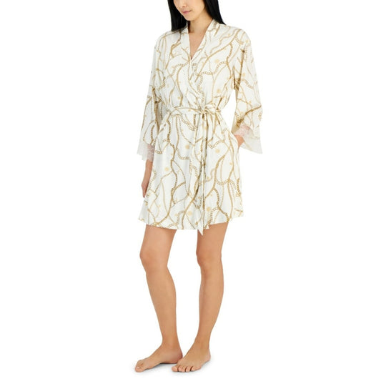 INC International Concepts Women's XS Cream Lace-Trim Stretch Satin Robe NWT