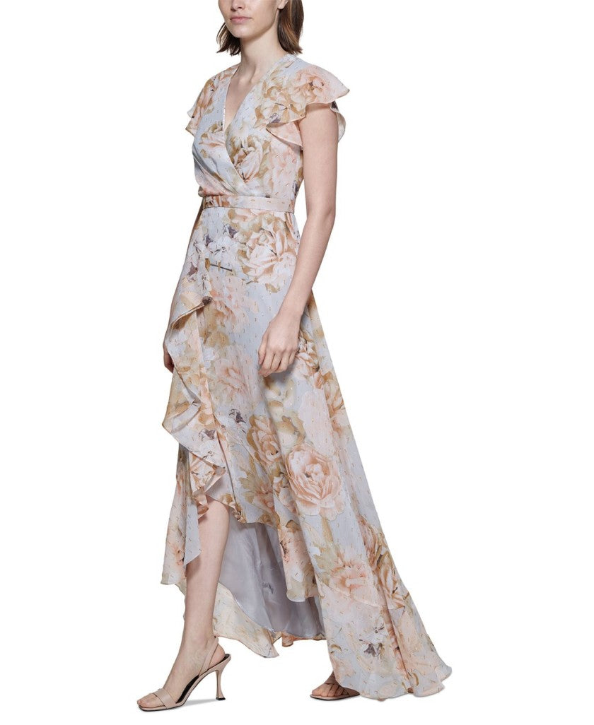 Calvin Klein Size 6 Floral Print Chiffon Ruffle Maxi Dress Formal Dress NWT