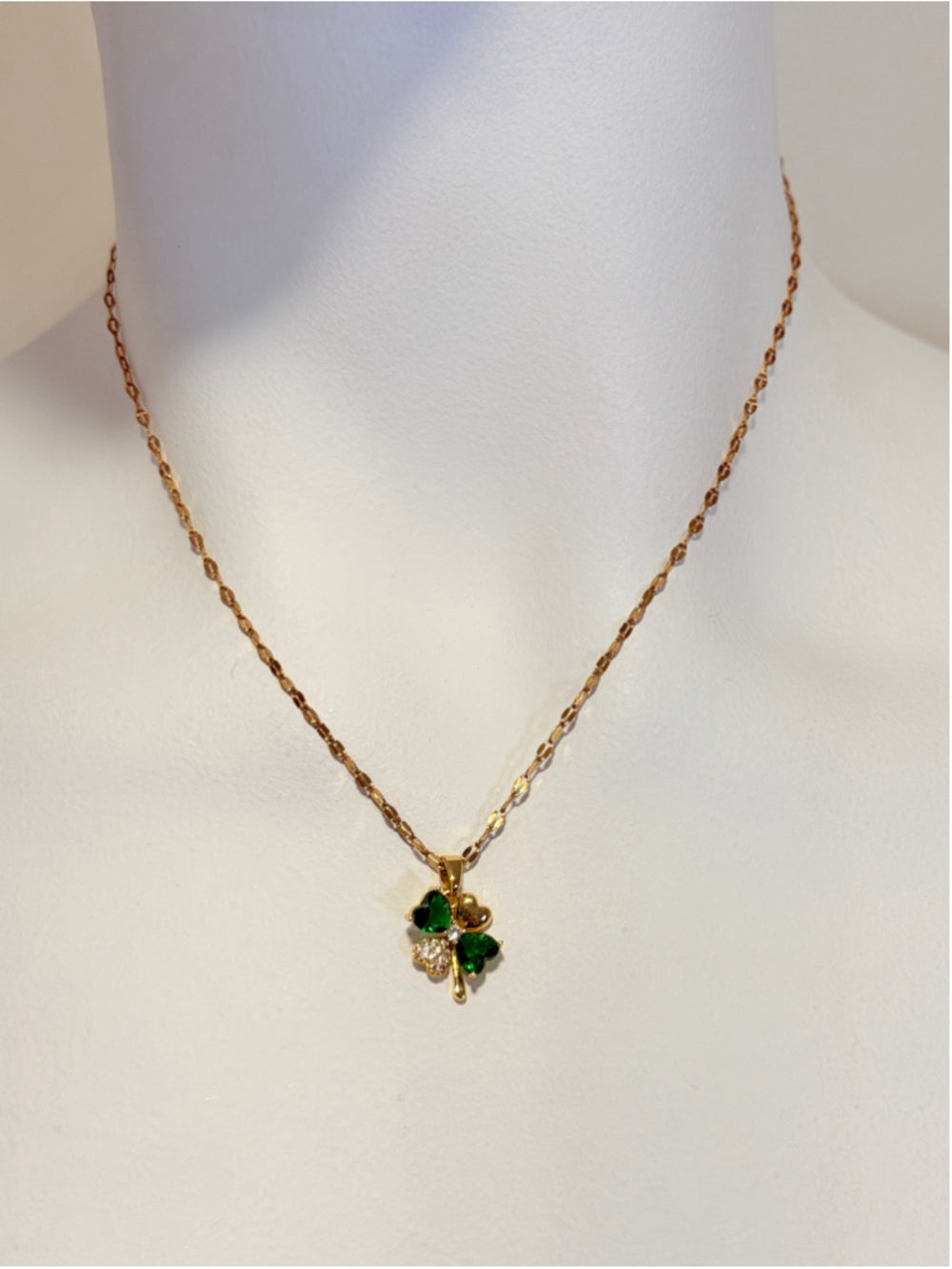 Gold Colored 4 Leaf Clover Necklace with Green and White Cubic Zirconia NWT
