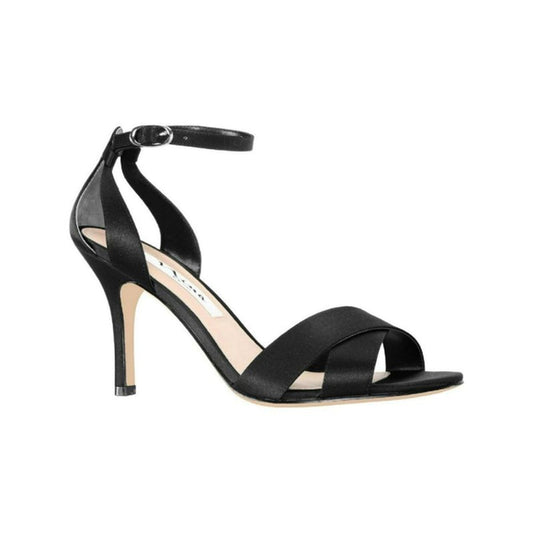 Nina Venus Women's 8 Black Satin Ankle Strap Heels / Heeled Shoes NIB
