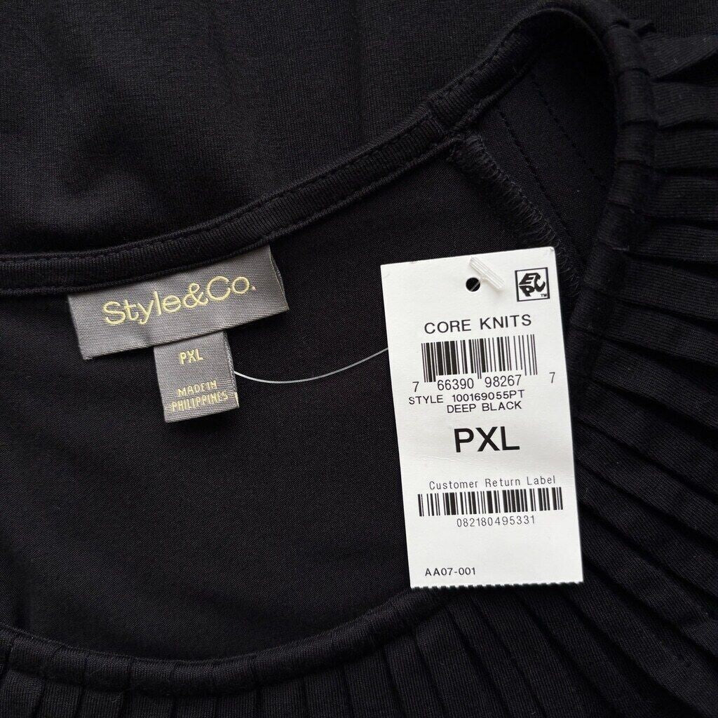 Style & Co Women's Petite Black Pleated Scoop-Neck Short-Sleeve Top NWT