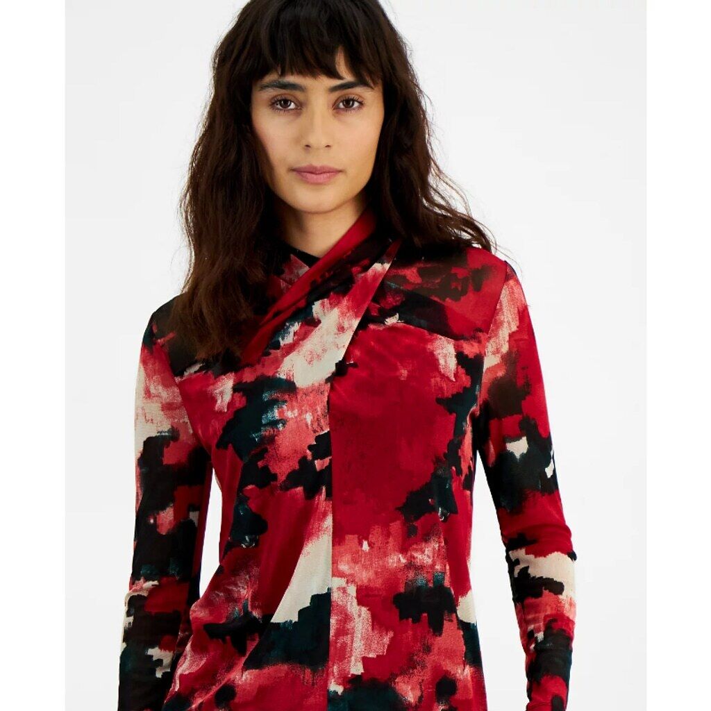 Bar III Women's Small Red Printed Twisted Mock Neck Long-Sleeve Mesh Top NWT