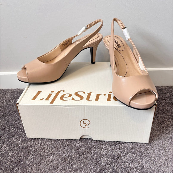 Life Stride Women's 7 Teller Light Beige Neutral Slingback Peep Toe Pumps NIB