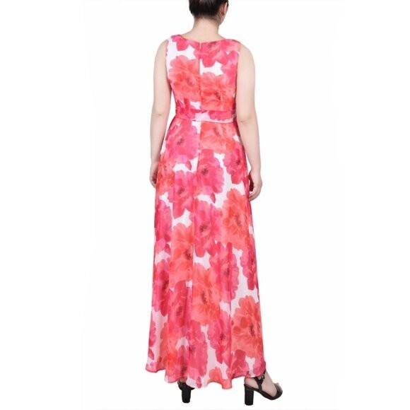 NY COLLECTION Large Petite Sleeveless Belted Chiffon Pink Floral Maxi Dress NWT