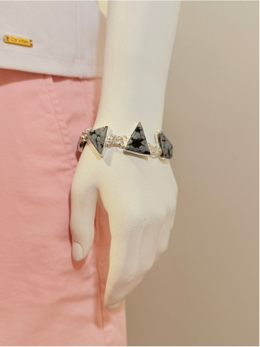 Snowflake Obsidian Triangle Stone Bracelet 925 Silver Plated NWT