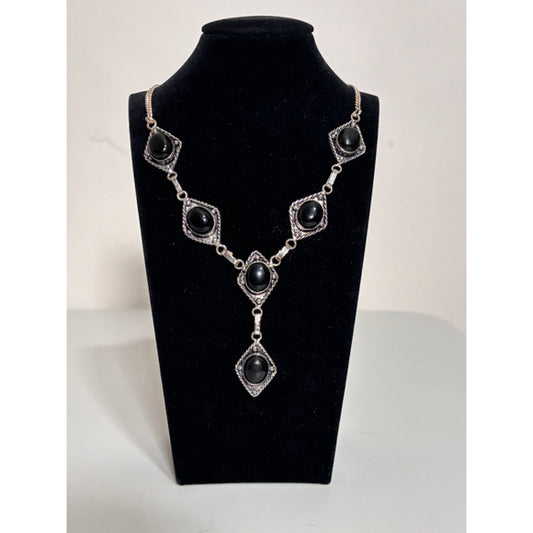 925 Silver Plated Black Onyx Handmade Drop Necklace NWT