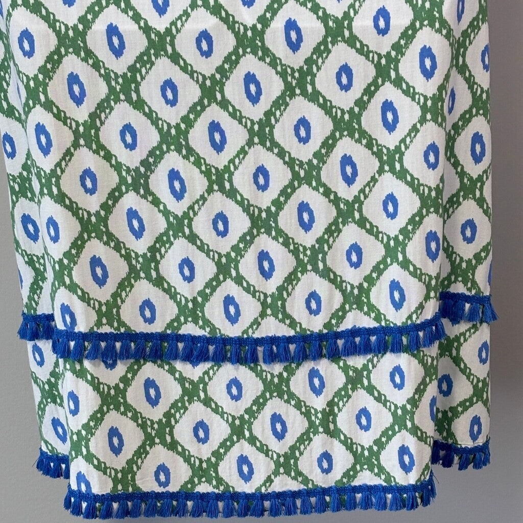 Roudelain Women's White, Green & Blue Printed Tassel-Trim Tank Nightgown NWT