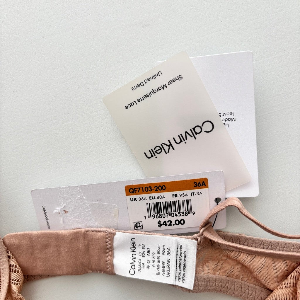 Calvin Klein Women's 36A Nude Sheer Marquisette Lace Unlined Demi Bra NWT