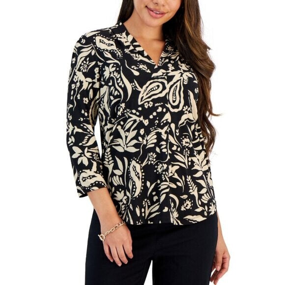 JM COLLECTION Petite Small Garden Wisp 3/4 Sleeve Stretchy Casual Top NWT