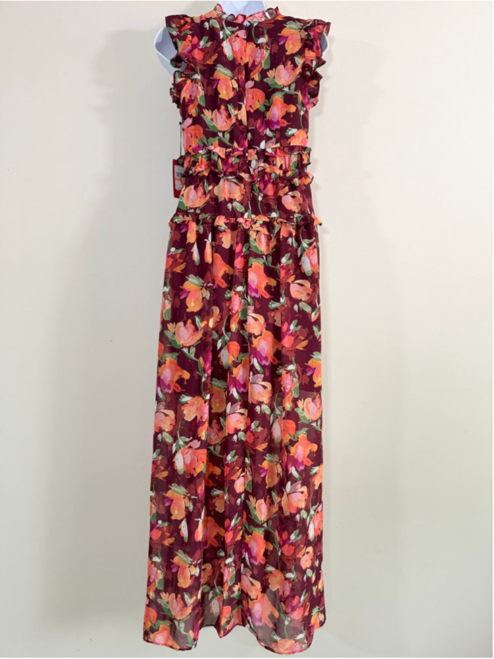 Vince Camuto Women's Burgundy Floral Ruffle Chiffon Maxi Dress NWT