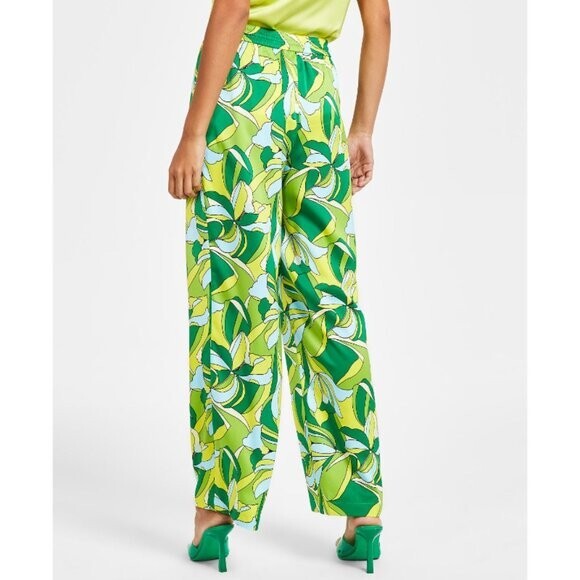 Bar III Women's XL Floral-Print Bright Green High-Rise Pull-On Satin Pants NWT