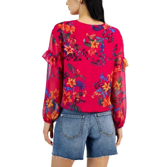 INC International Concepts Women's Pink Lace-Up Ruffle-Sleeve Blouse NWT