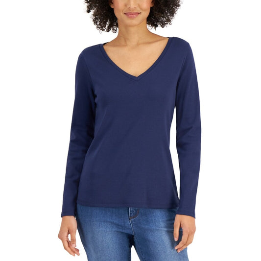 Charter Club Women's Medium 100% Cotton Long-Sleeve Navy Blue T-Shirt NWT