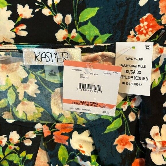 KASPER Plus Size 3X Floral-Print Keyhole Cap Sleeve Stretchy Top NWT