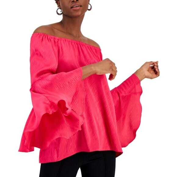 FEVER Women's Jacquard On & Off-the-Shoulder Bell Sleeve Hot Pink Top NWT