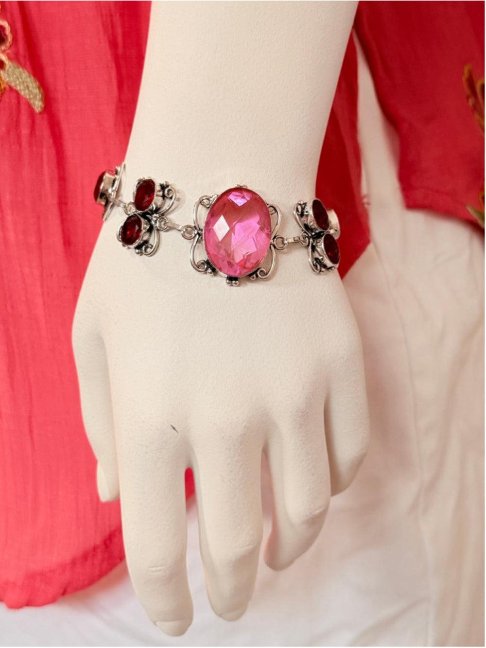Pink Topaz & Red Garnet Gemstone 925 Silver Plated Bracelet NWT