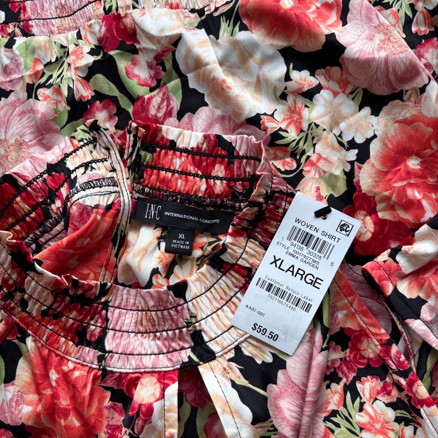 INC International Concepts Floral Printed Smocked-Waist Keyhole Top NWT