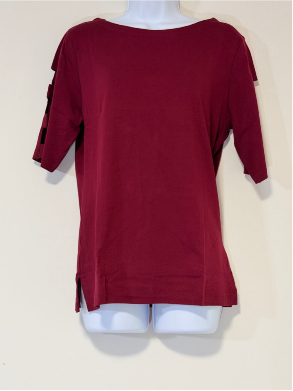 Karen Scott Size Medium 100% Cotton Burgundy Red Cutout-Sleeve Top NWT
