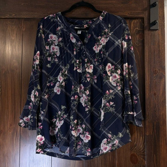 Charter Club Women's Size Small Navy Etching Garden Pink Floral Print Top NWT