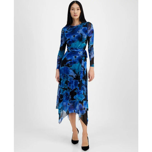 Anne Klein Women's Small Petite Blue Printed Handkerchief-Hem Midi Dress NWT