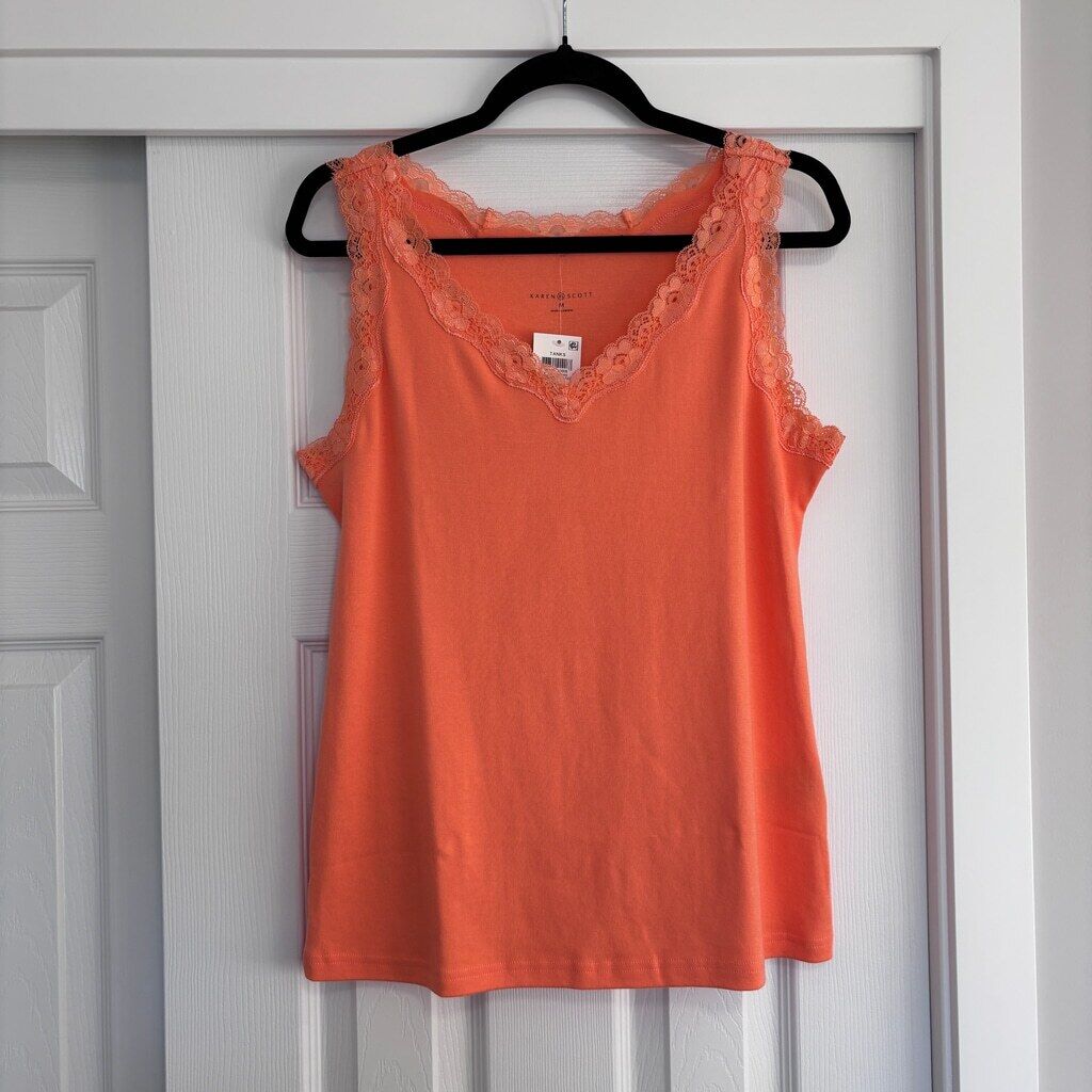 Karen Scott Women's Medium 100% Cotton Orange Scalloped-Lace Tank Top NWT