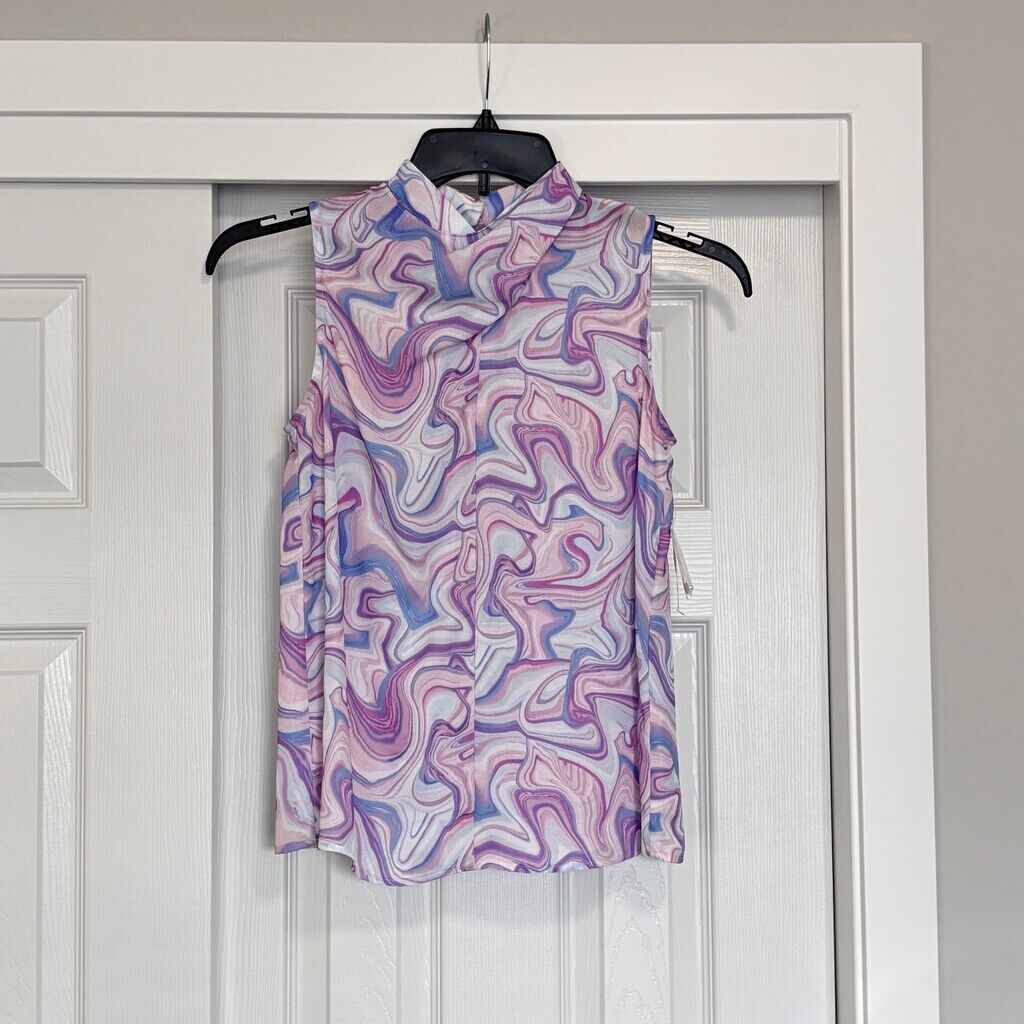 Bar III Women's XXS Purple & White Marble Print Cowl Neck Sleeveless Blouse NWT