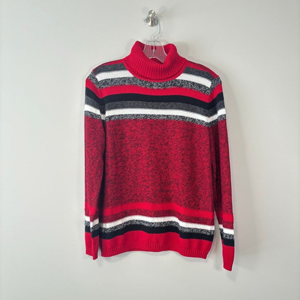 Karen Scott Petite Medium 100% Cotton Red & Black Printed Turtleneck Sweater NWT