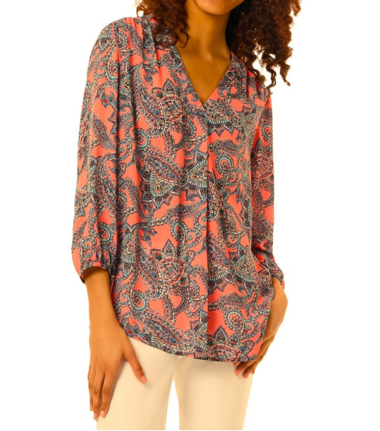 Jones New York Women's Petite Coral Printed V-Neck 3/4 Sleeve Top NWT