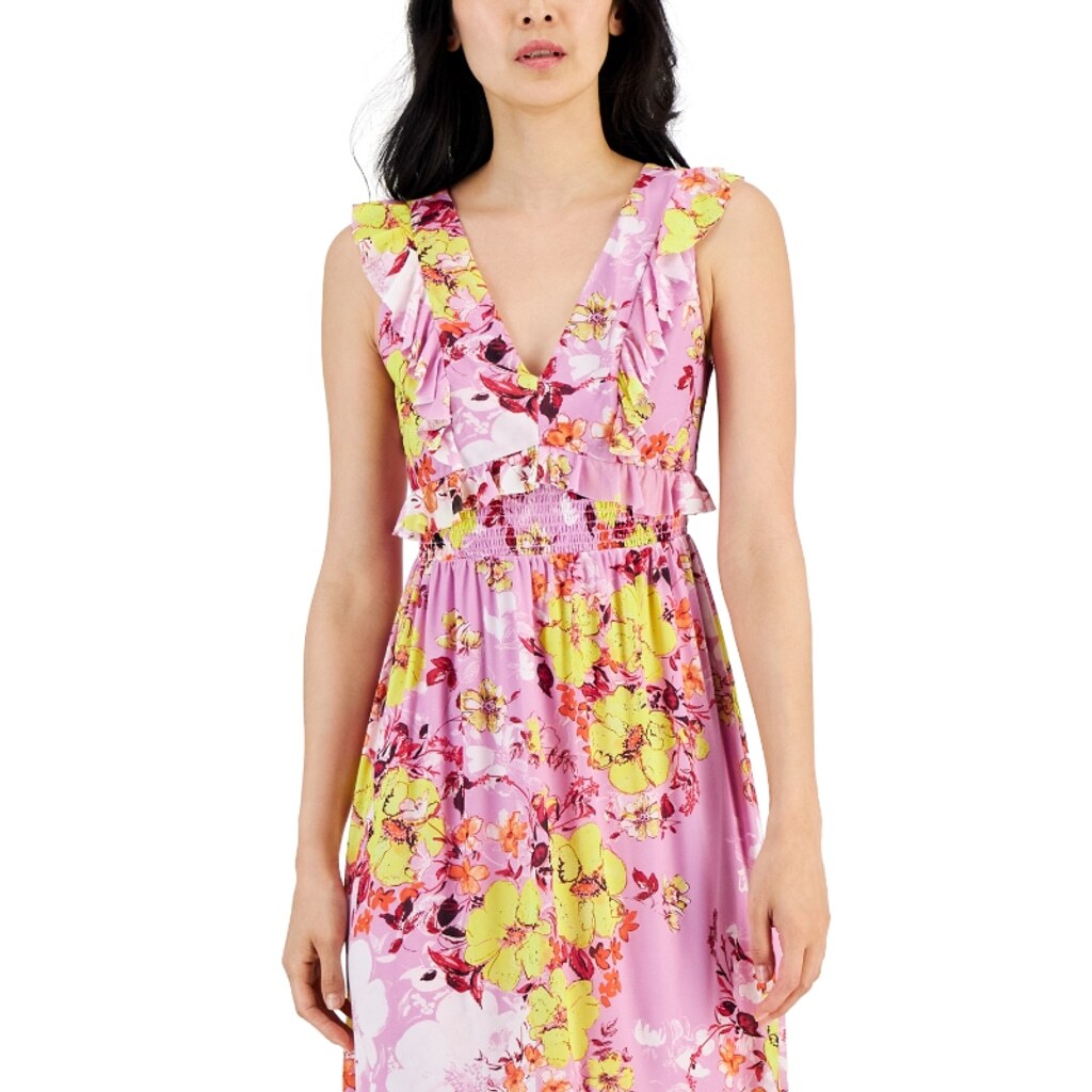Tinsel Medium Petite Purple/Pink Floral-Print Ruffle-Trim Midi Summer Dress NWT