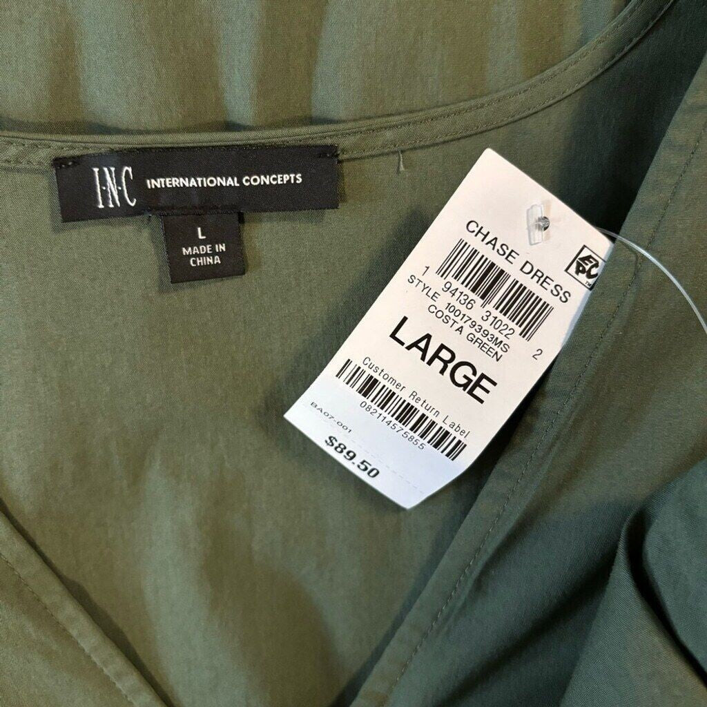 I.N.C. International Concepts Women's Green V-Neck Puff Sleeve Mini Dress NWT