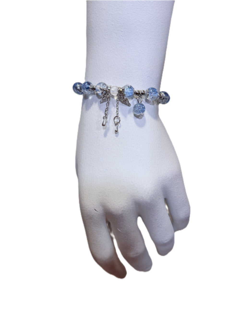 Pretty Blue and White Crackle Bead and Butterfly Charm Stretchy Bracelet NWT