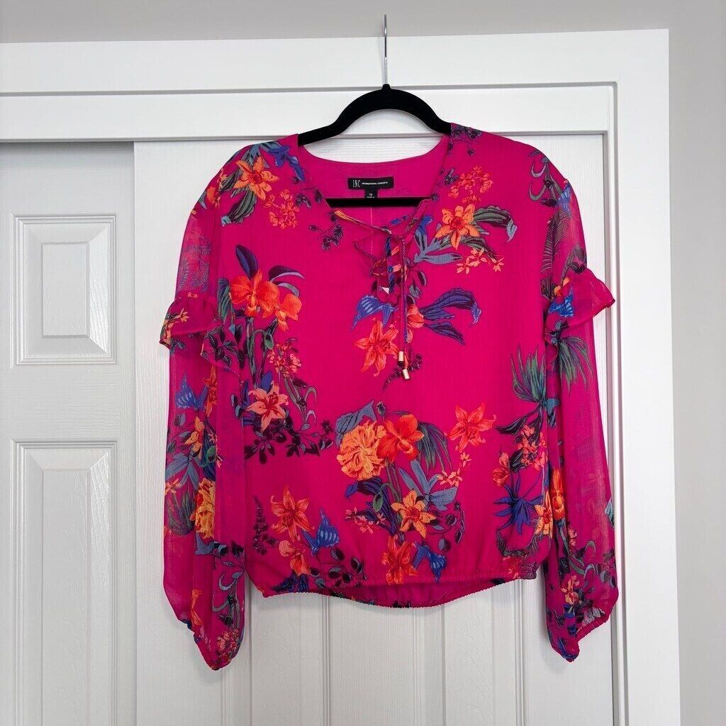 INC International Concepts Women's Pink Lace-Up Ruffle-Sleeve Blouse NWT