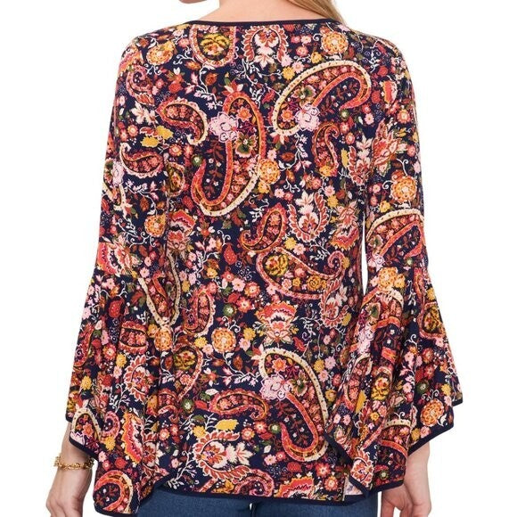 Sam & Jess Petite Medium Contrast-Trim Colorful Paisley Bell-Sleeve Top NWT