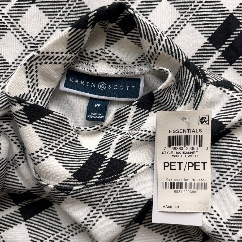 Karen Scott Women's Petite Black & white Plaid Printed Mock Neck Top NWT