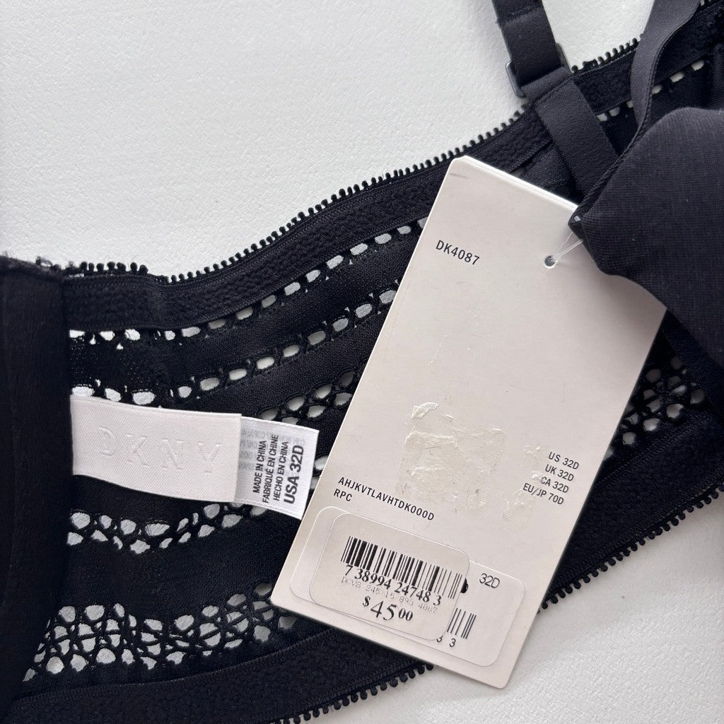 DKNY Women's Size 32D Black Classic Cotton T-Back Lace Bra NWT