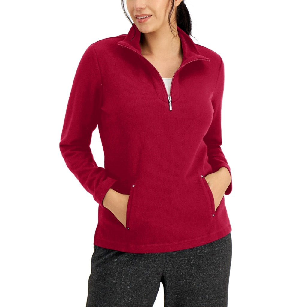 Karen Scott Sport Women's Large Red Quarter Zip Pullover Knit Sweater NWT
