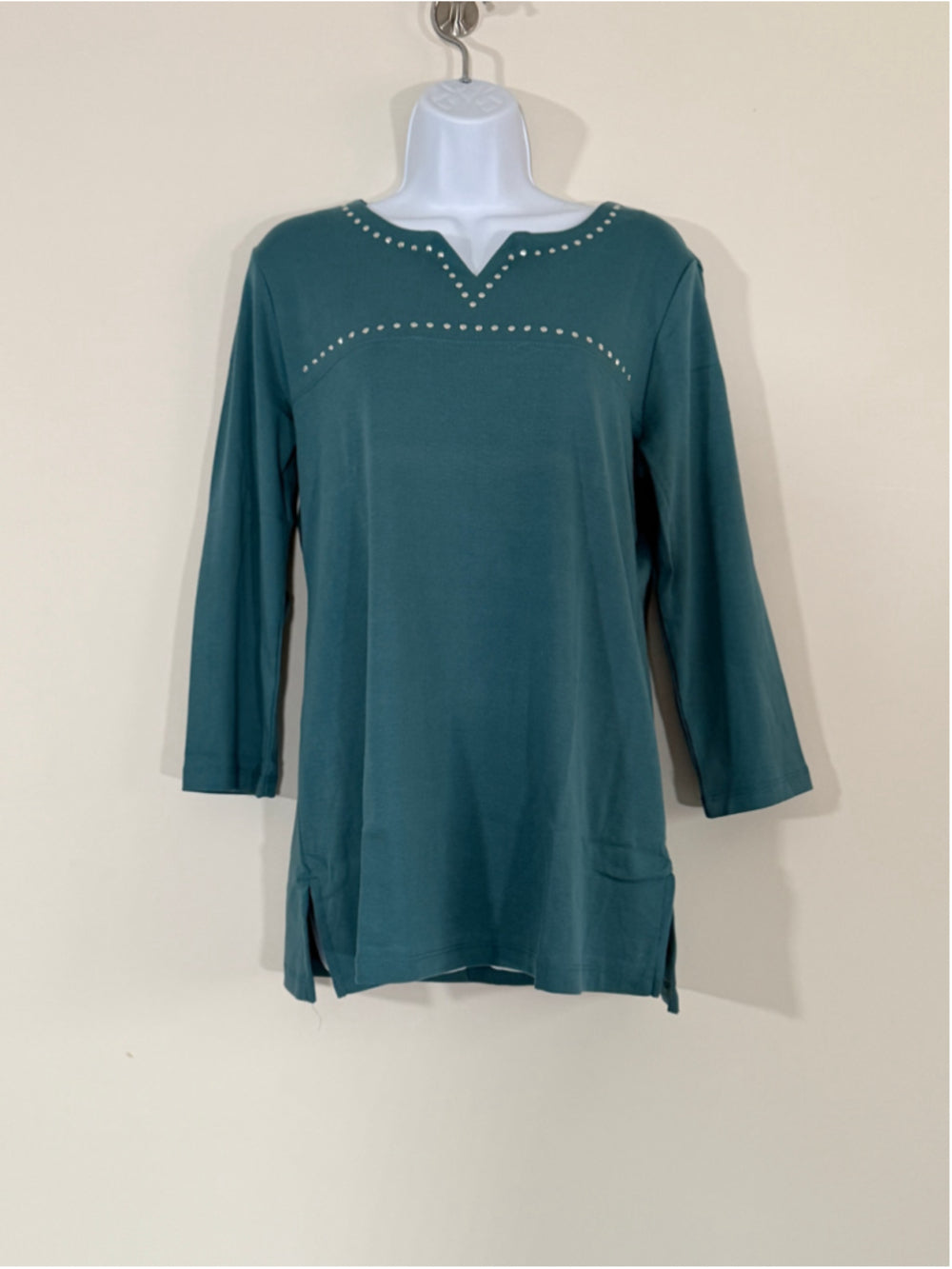 Karen Scott Women's Medium Embellished 100% Cotton 3/4 Sleeve Top Teal Blue NWT