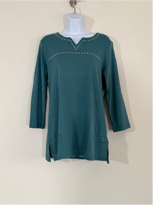 Karen Scott Women's Medium Embellished 100% Cotton 3/4 Sleeve Top Teal Blue NWT