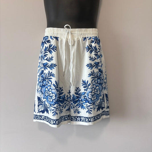 SHEIN Men's White & Blue Floral Drawstring Shorts Casual Beach Style NIB