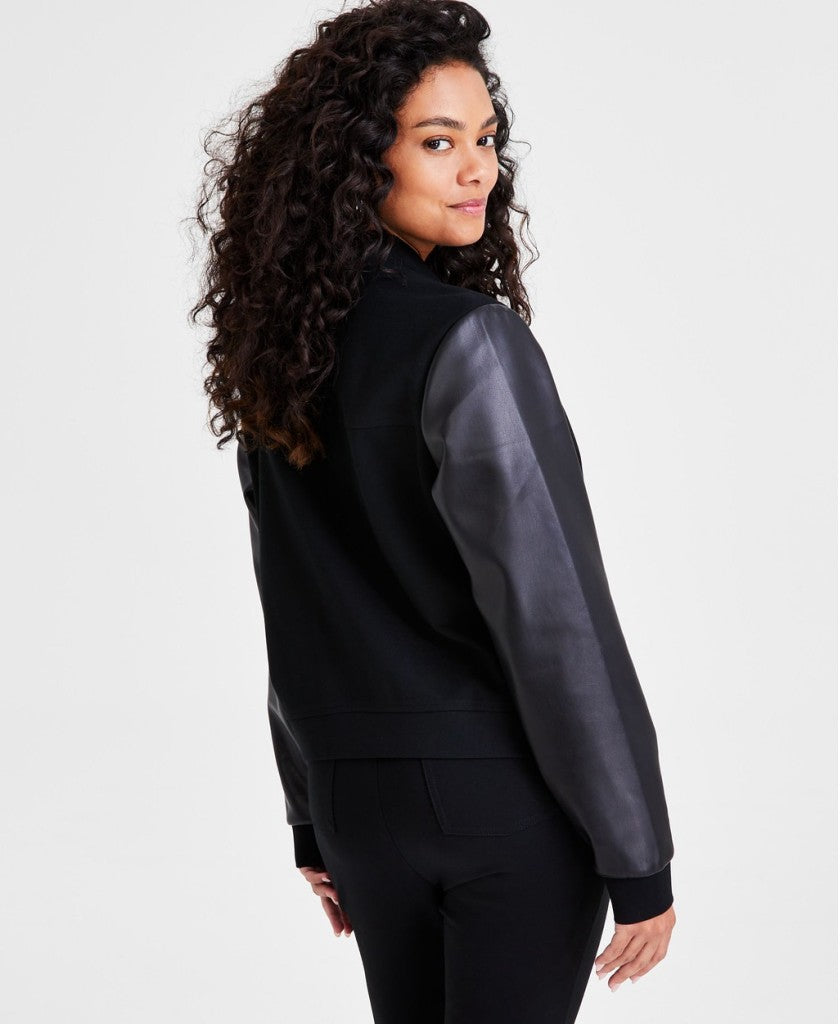 Bar III Women's Petite Small Faux Leather Sleeve Bomber Jacket NWT