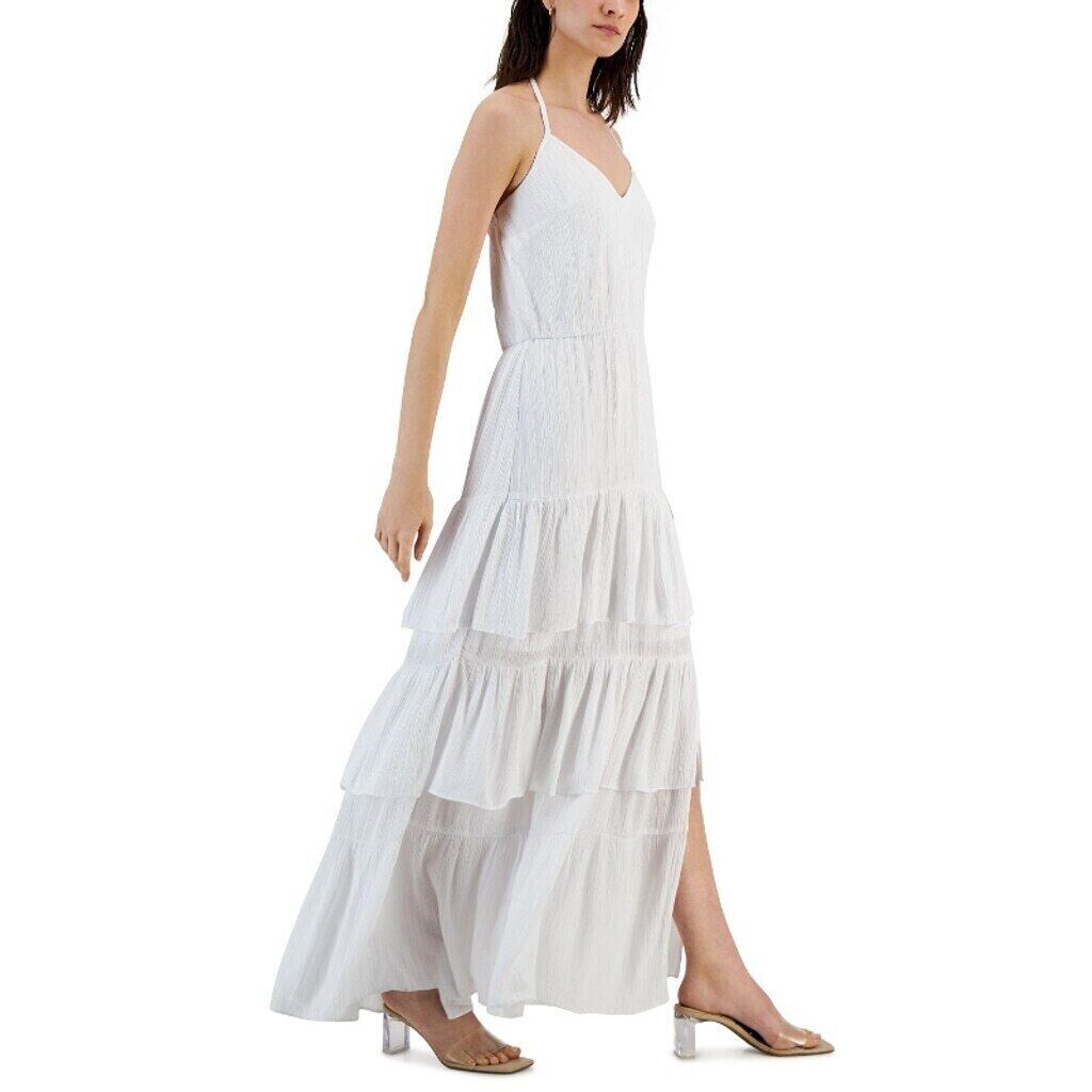 INC International Concepts White & Silver Halter-Neck Tiered Maxi Dress NWT