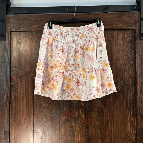 Hippie Rose Juniors' M Printed Floral Pink & Orange Smocked-Waist Mini Skirt NWT
