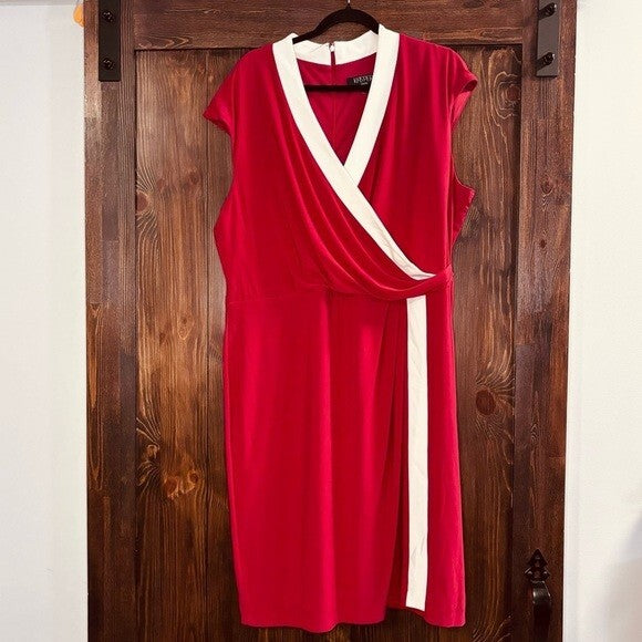 Kasper Red and White Colorblocked Faux-Wrap Cap-Sleeve Dress NWT