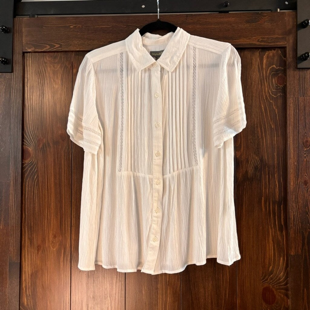 Style & Co Petite Ivory Pintuck Short-Sleeve Button-Front Shirt NWT