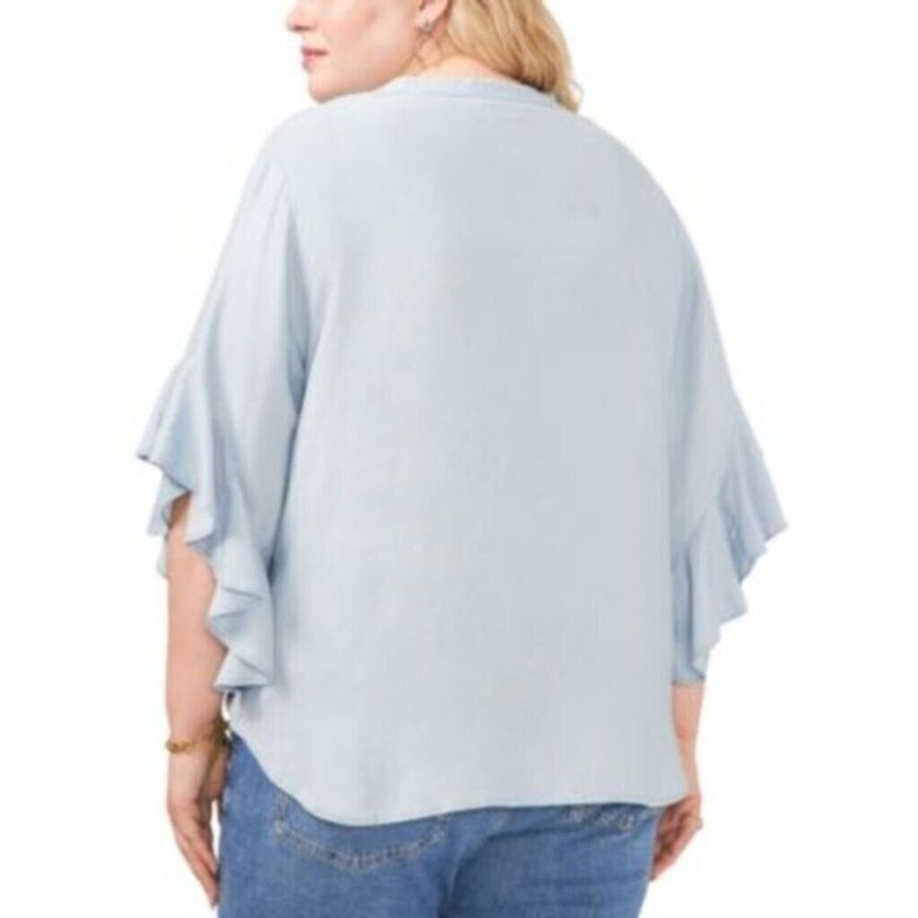 VINCE CAMUTO Plus Size Light Blue Split Neck Ruffle Sleeve Top NWOT