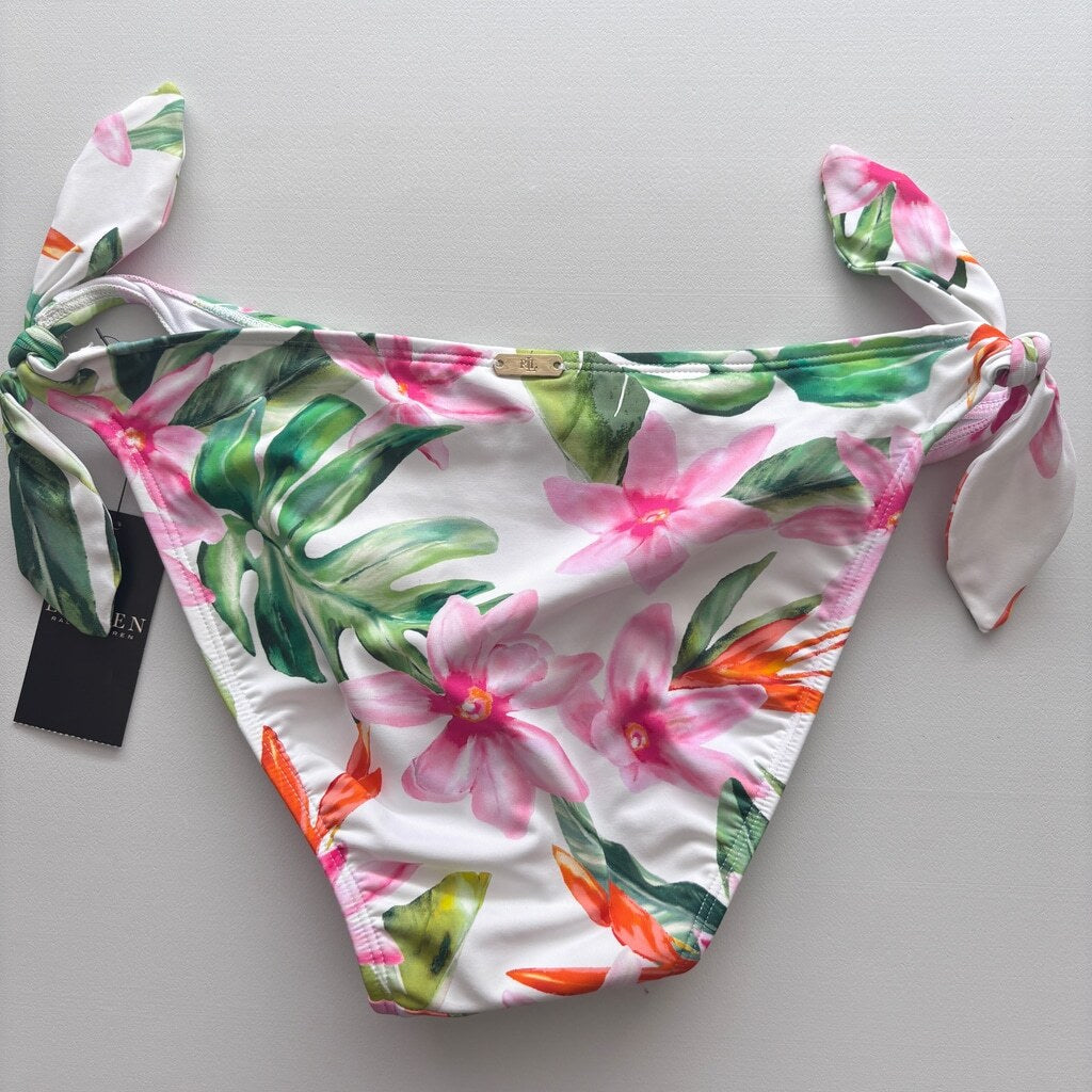 Ralph Lauren Women's 8 Side-Tie White Floral-Print Hipster Bikini Bottoms NWT