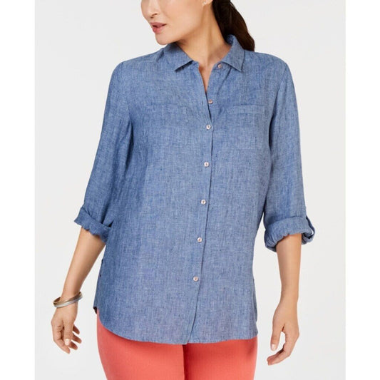 Charter Club Women's Size Petite Blue 100% Linen Button-Down Shirt NWT