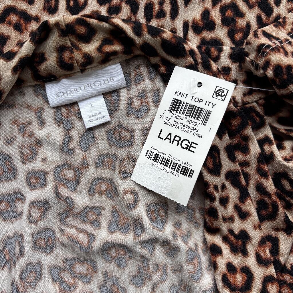 Charter Club Women's Size Large Leopard-Print V-Neck Jersey Top NWT