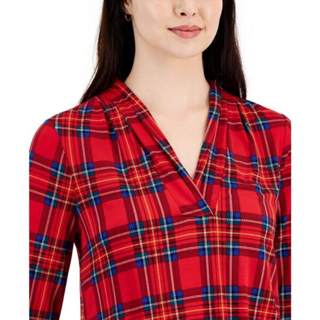 Charter Club Women's Red Traditional Plaid Pleated V-Neck Top NWT