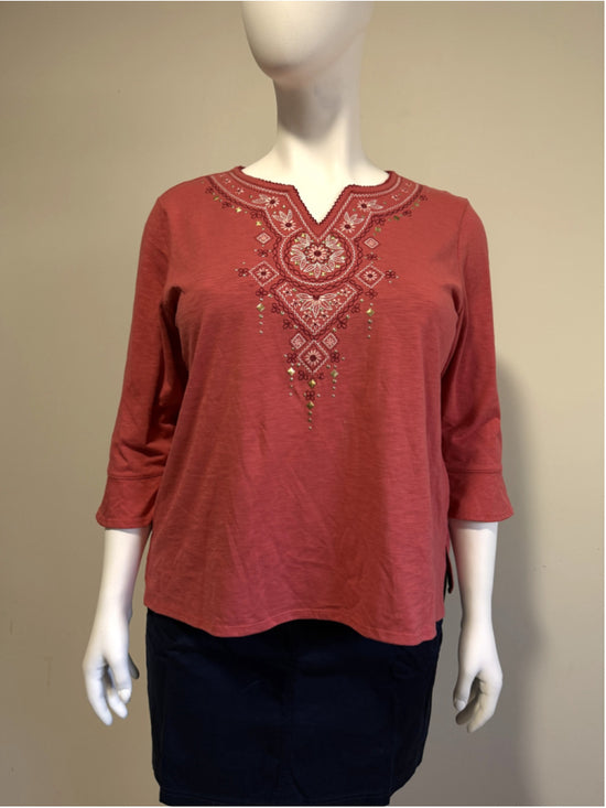 Alfred Dunner Petite Extra Large Red Split Neck Floral Embroidered Top NWT
